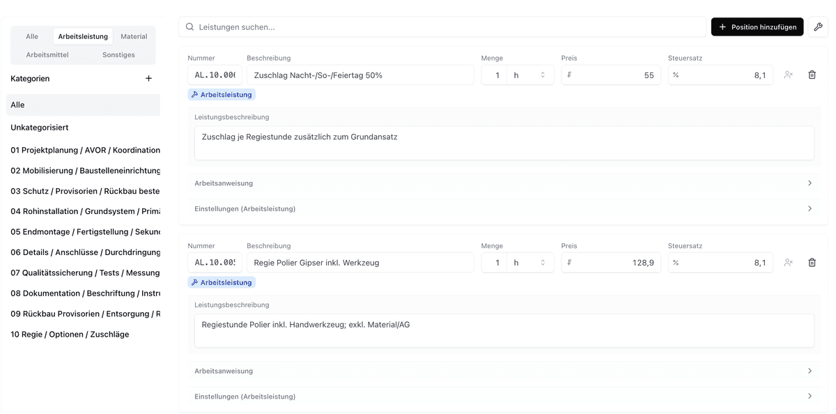 Werkli Leistungsverzeichnis